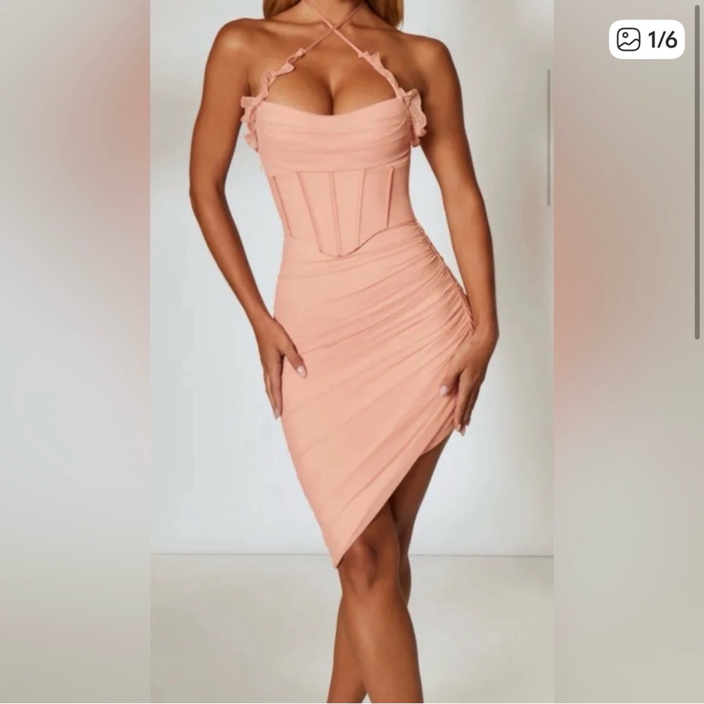 OhPolly Asymmetric Hem Halter Neck Corset Midi Dress in Blush - 6